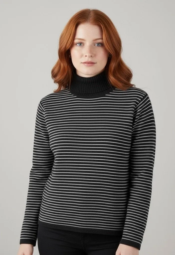 Sylviewear 100% Pure New Wool Turtleneck Sweater Black & White Stripe Size Large - Image 1