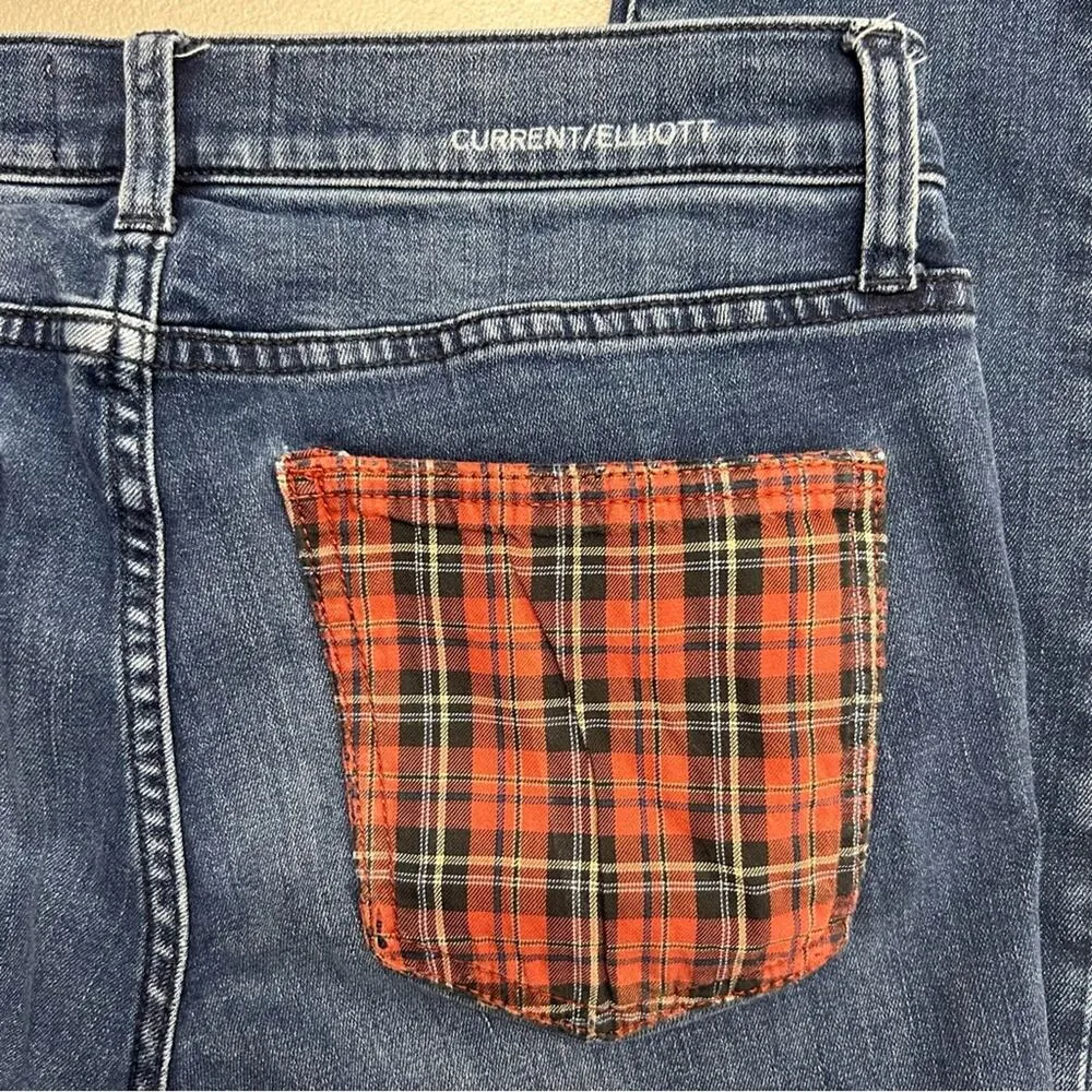 Current Elliott Denim Blue Jeans Red Plaid Patch Pockets Skinny Womens Size 27 - Image 7