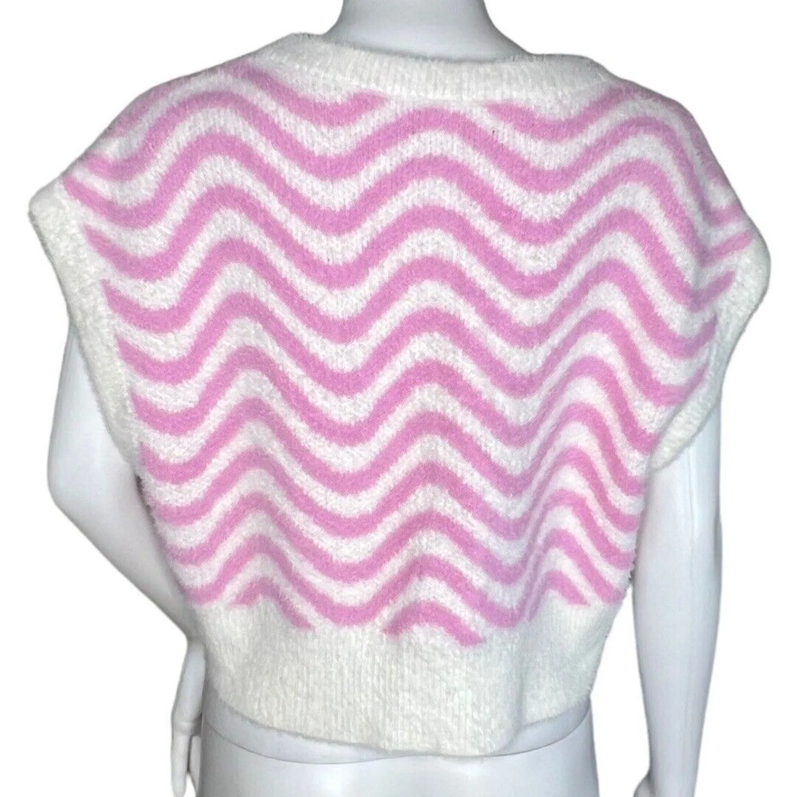Kendall‎ & Kylie Sweater Womens Small White Pink Stripe Vest Fuzzy Edgy Preppy - Image 4