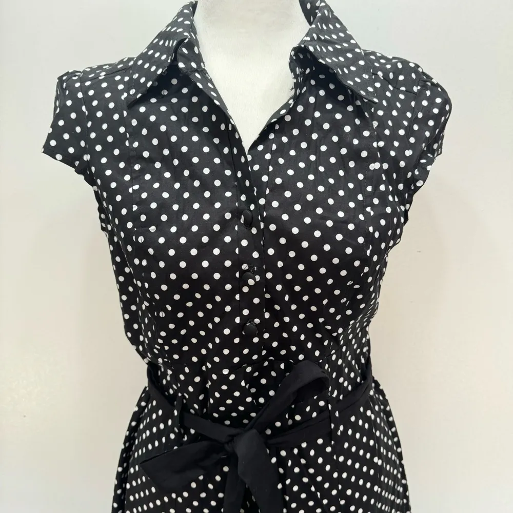 Black & White Polka Dots Cap Sleeve A Line Shirt Dress by Petal USA Retro Mod Size L - Image 3