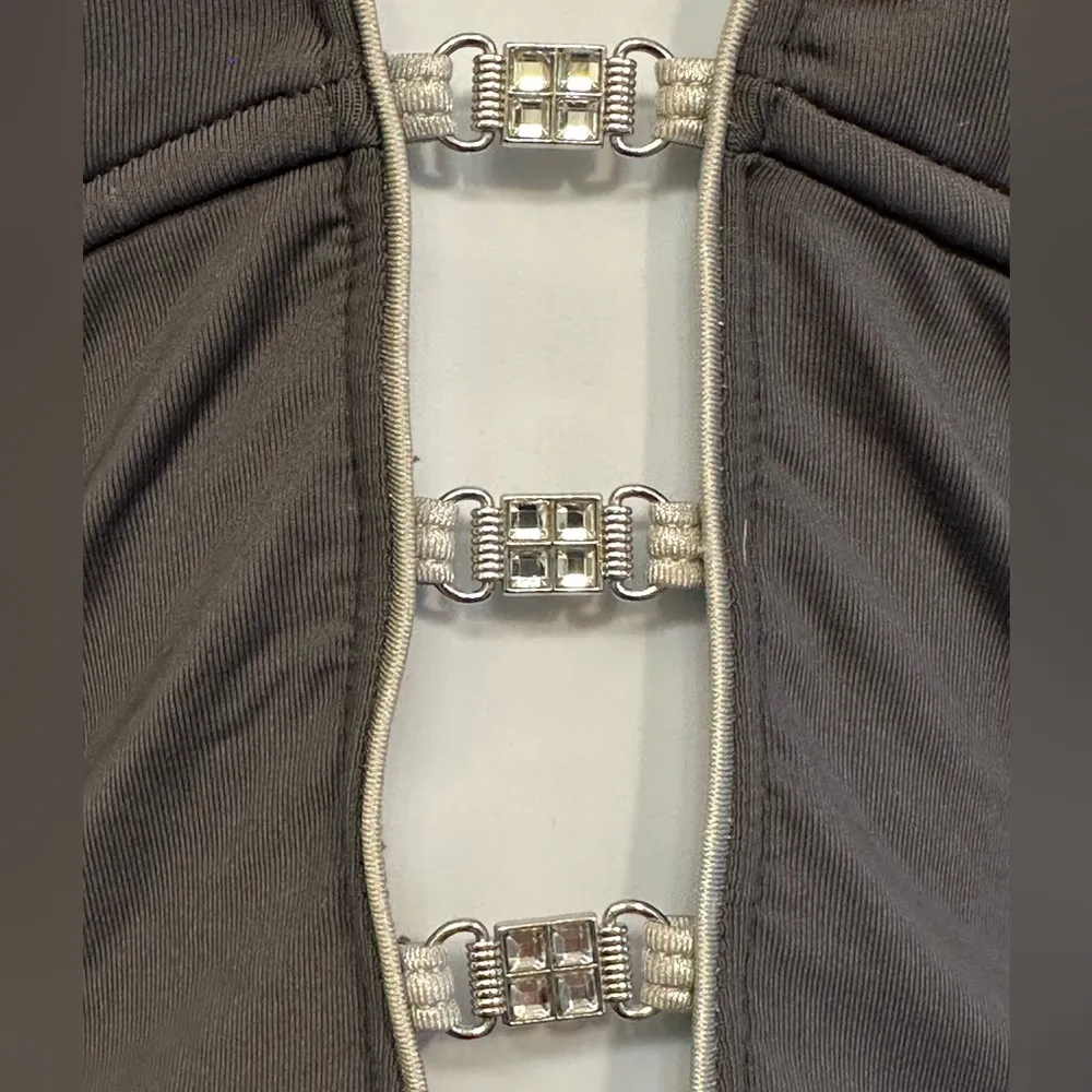 SOLO Swimwear Black Embellished Halter Plunge Swimsuit Size 6 EUC #2796 - Image 5