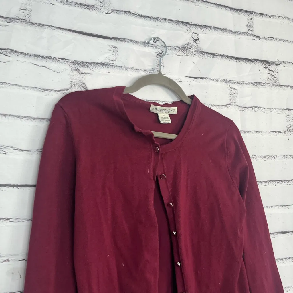Y2K Melrose Chic Burgundy Button Front Knit Cardigan Women’s Medium Long Sleeve Red - Image 3