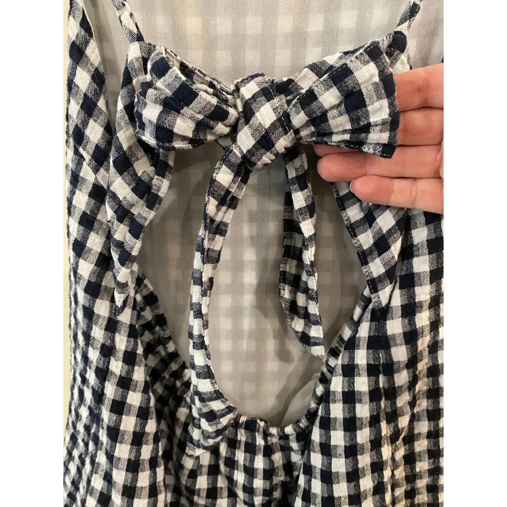 American Eagle Women's Dress S Gingham Check Sleeveless Navy White Cotton Linen - Image 3