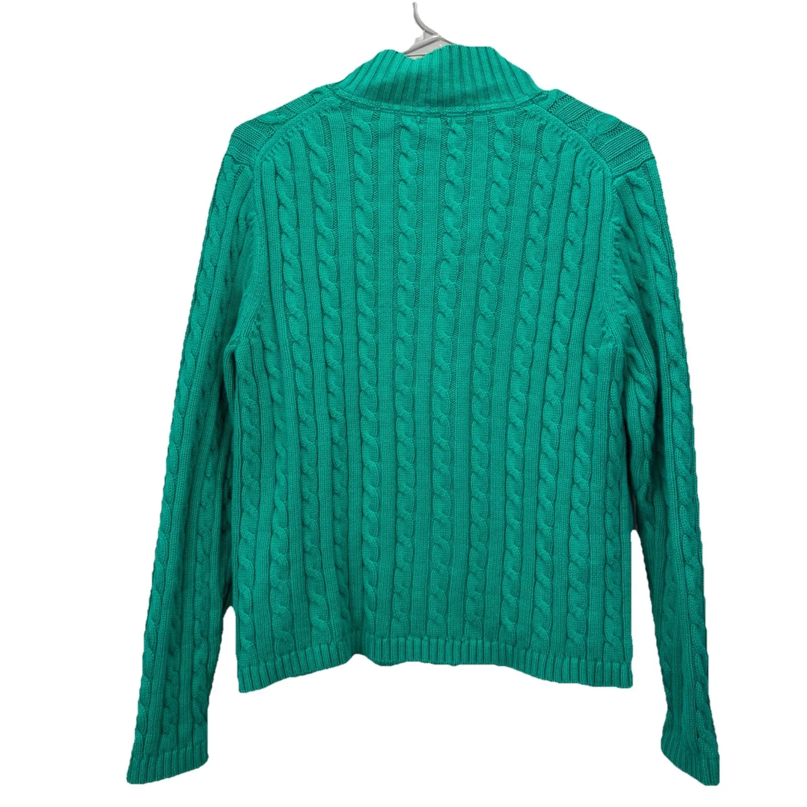 LL Bean Teal Mock Neck Full Zip Cable Cotton Cardigan Sweater Size LARGE PETITE Green - Image 7