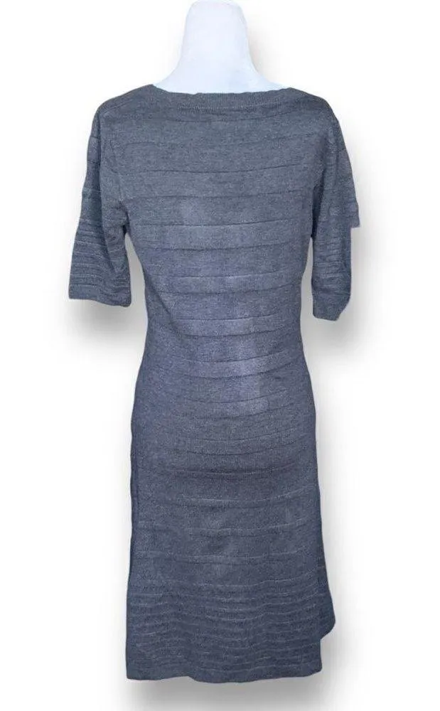 Calvin Klein Women's Gray Scoop Neck Short Sleeve Striped Midi Sweater Dress - Image 2