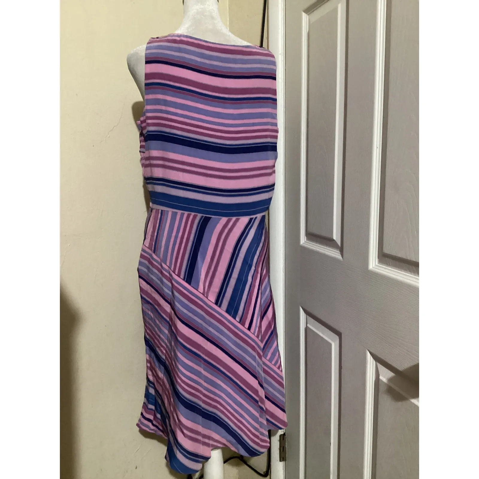 MAGGY LONDON Silk Striped Midi Dress Pink Purple Blue Sleeveless Size 10 - Image 4