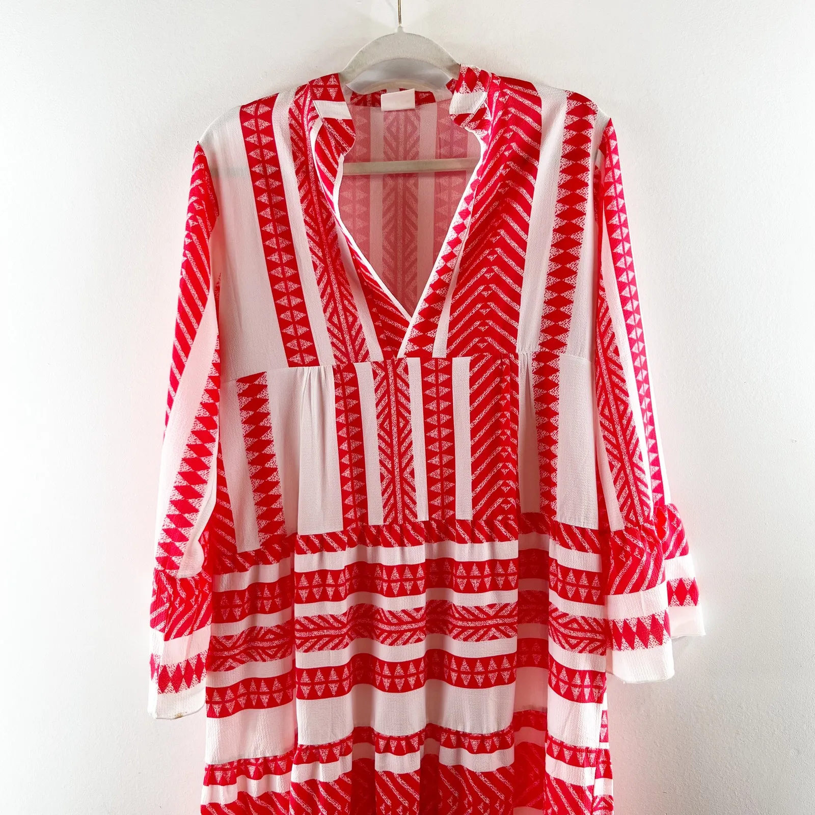 Silk & Salt V Neck Aztec Long Sleeve Midi Dress Red White Medium - Image 8