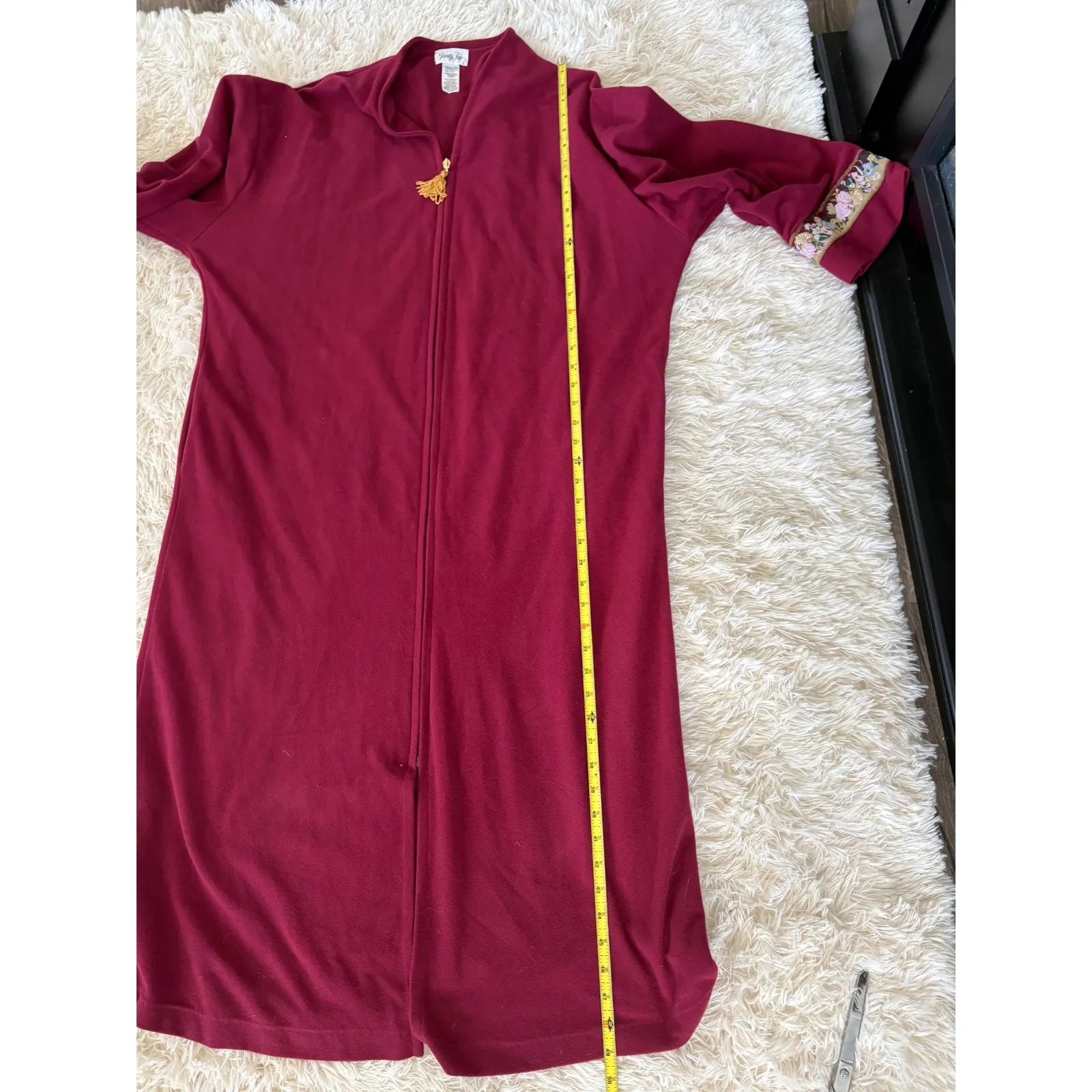 Vanity Fair Long Robe Burgundy Floral‎ Trim Tassel Zip Front Lounge House Coat - Image 7