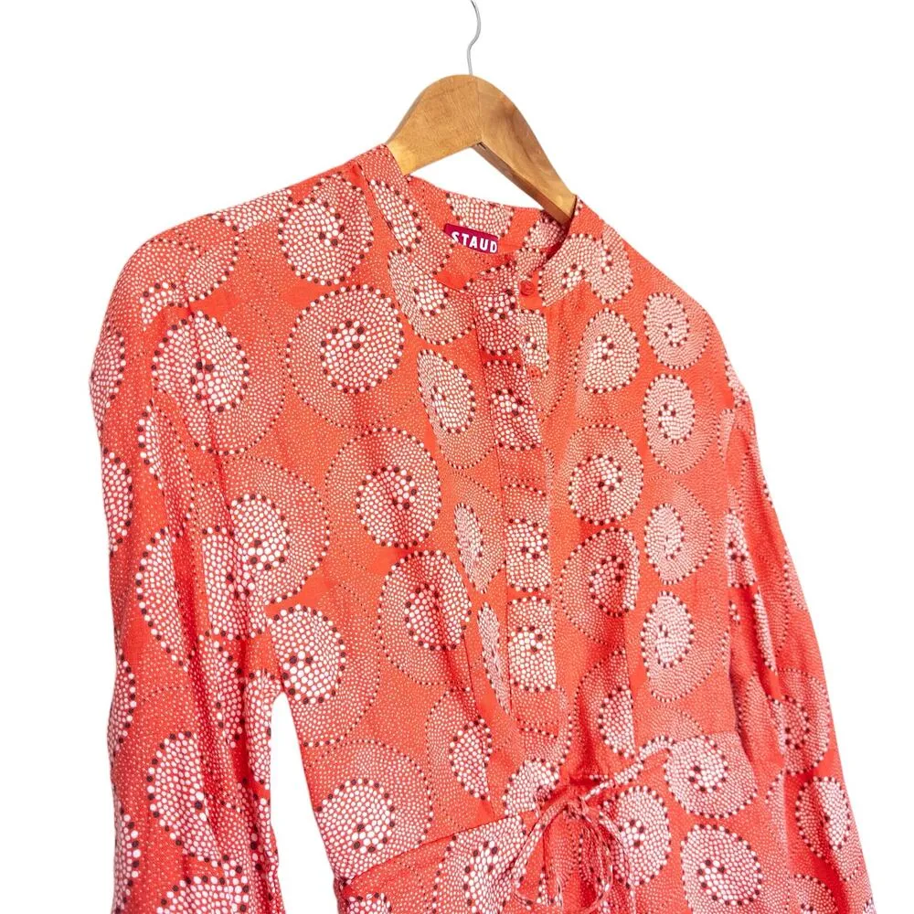 Staud Karlee Linen Long Sleeve Printed Bell Sleeve Mini Dress Coral Orange XS - Image 4