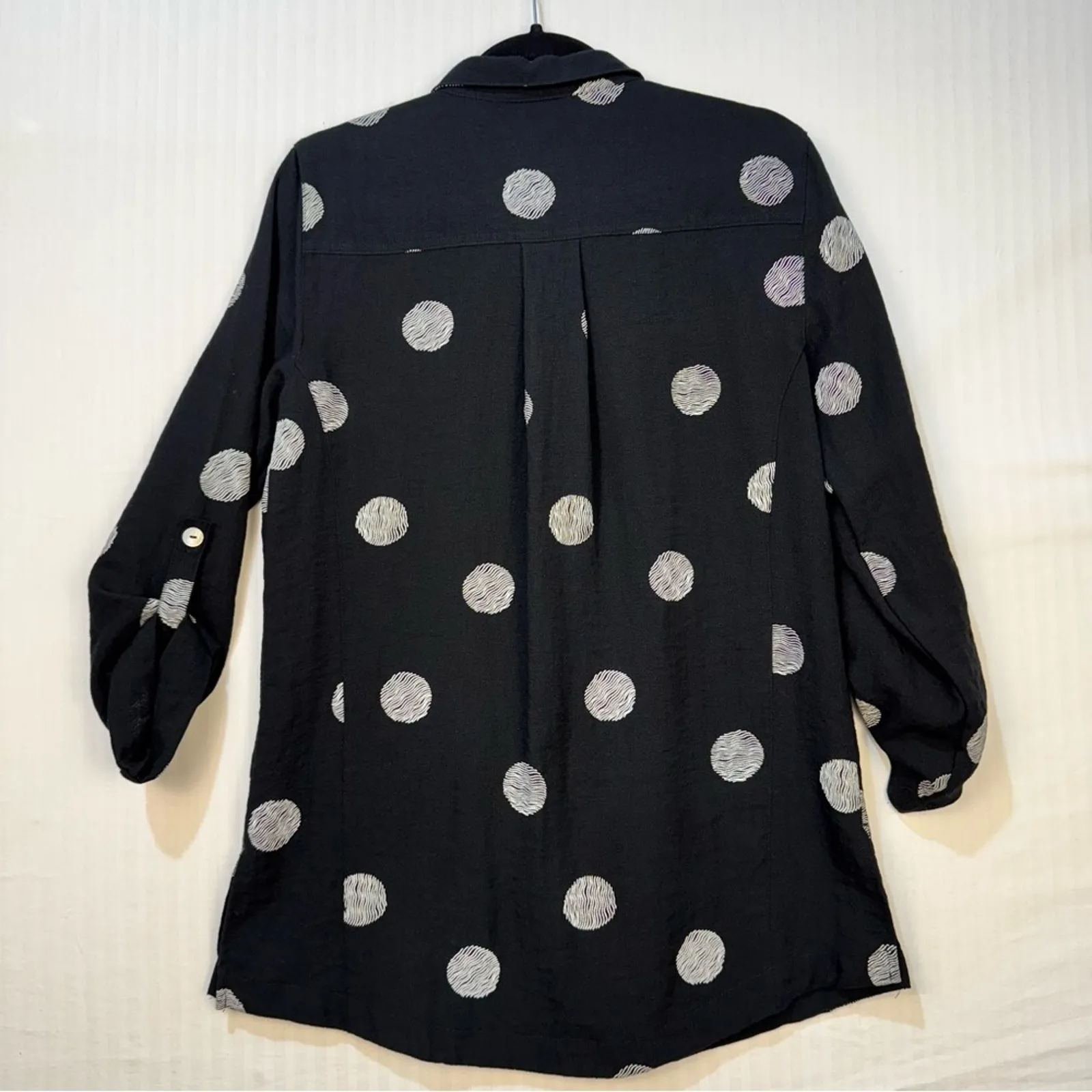 John Mark Black Button-Down Collared Shirt Dress White Polka Dots Size Small - Image 2