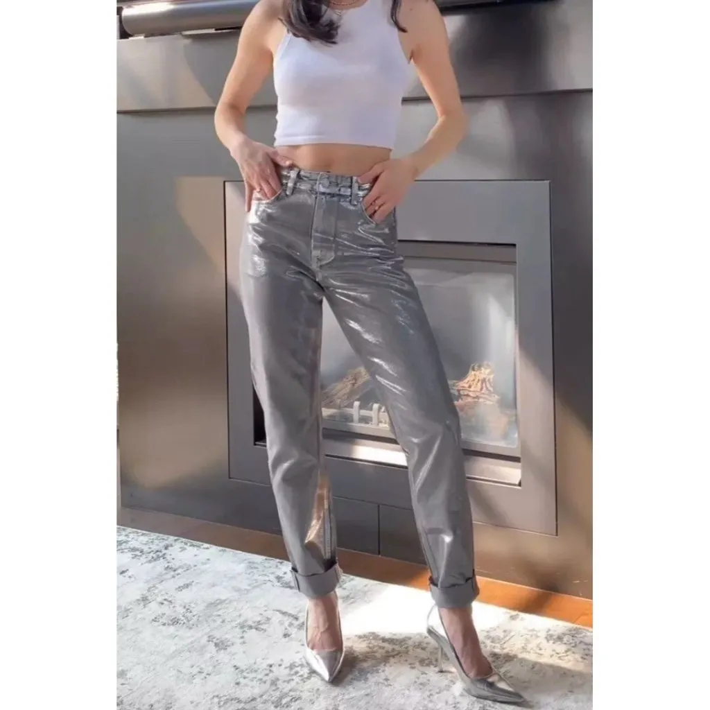 ZARA ZW THE‎ METALLIC JEANS PANTS SILVER Size 4 Party Going Out Date Night - Image 2