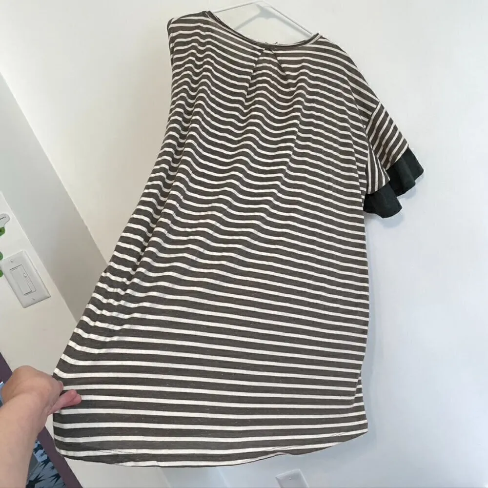 UMGEE Gray Cream Ivory Striped Short Sleeve Cotton Mini T-Shirt Dress / Tunic L - Image 14