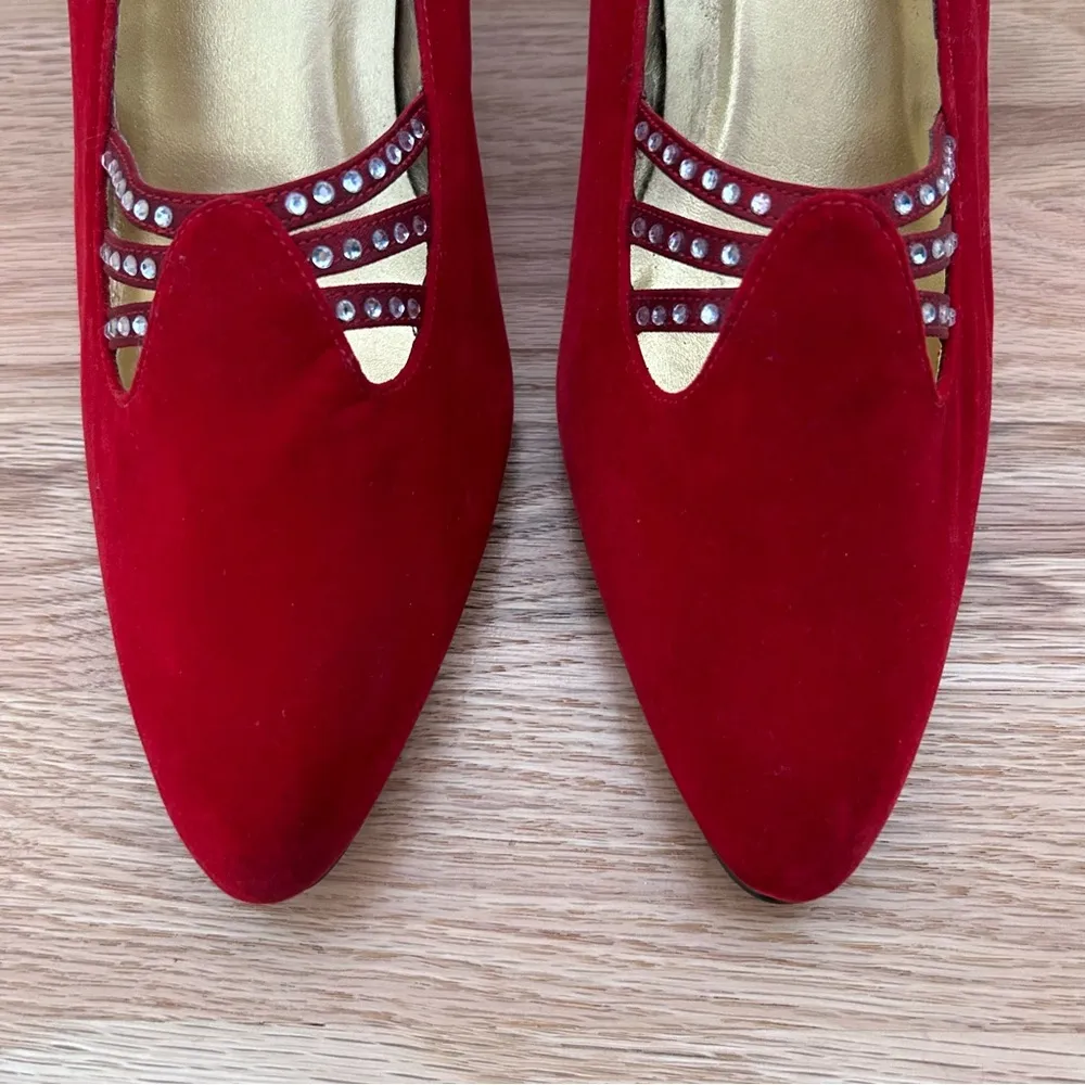 Vintage The PM Collection by 925 ~ Red Velvet Dress Pumps Jeweled ~ Size 9.5 - Image 7