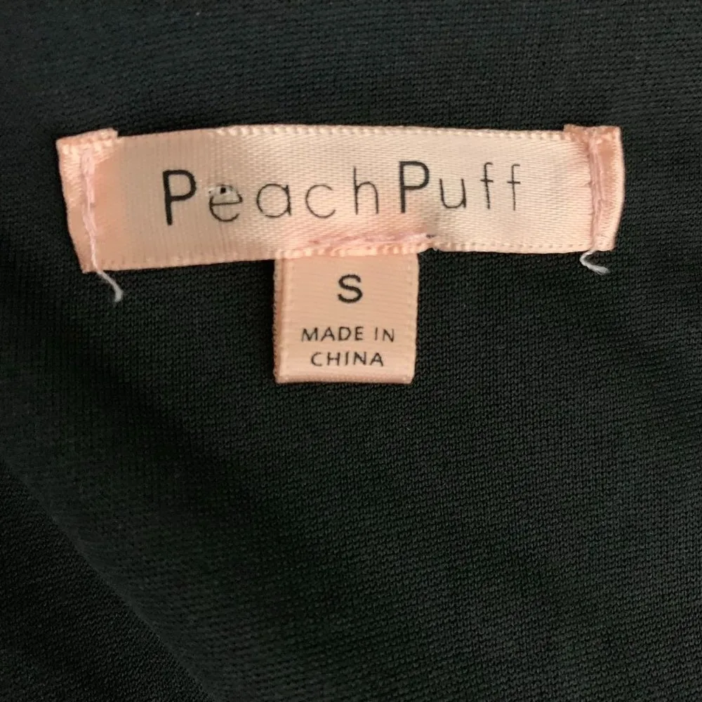 Peach Puff Cropped Polka Dot Top S Black V Neck Buttons Tie Elastic Sleeve - Image 6