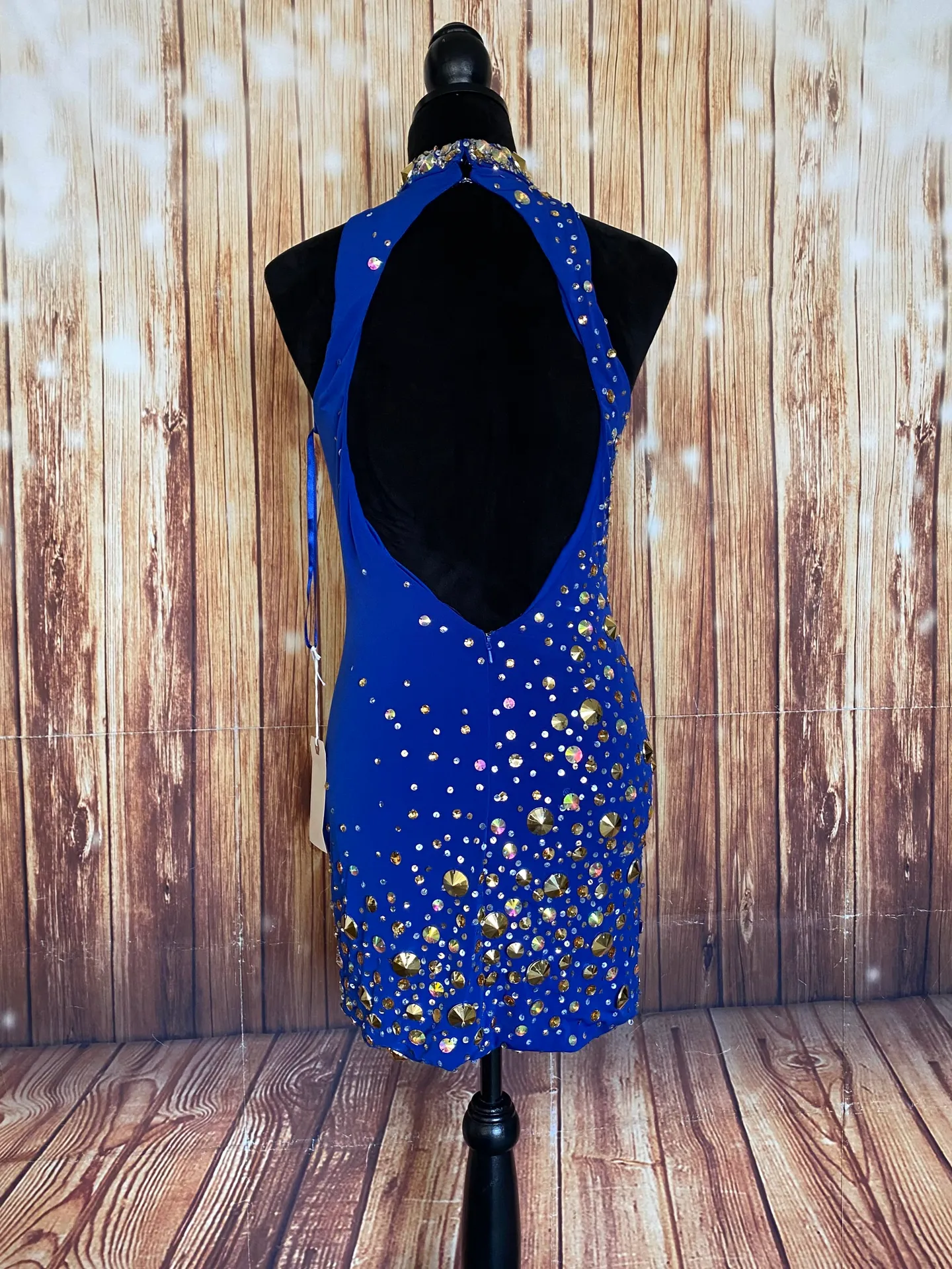 Women’s Royal Blue Halter Neck Bodycon Mini Dress Beaded Size 3/4 - Image 4
