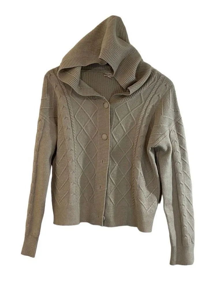 Hem & Thread Women's Hooded Cardigan Sweater Knit Ribbed Button Down Tan Small - Image 1