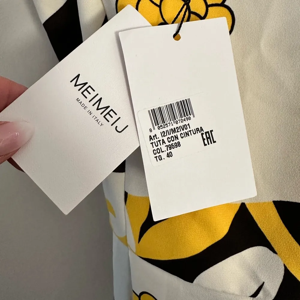 MEIMEIJ YELLOW BLACK SMOCKED BACK ADJUSTABLE SPAGHETTI STRAP BELTED JUMPSUIT S - Image 6