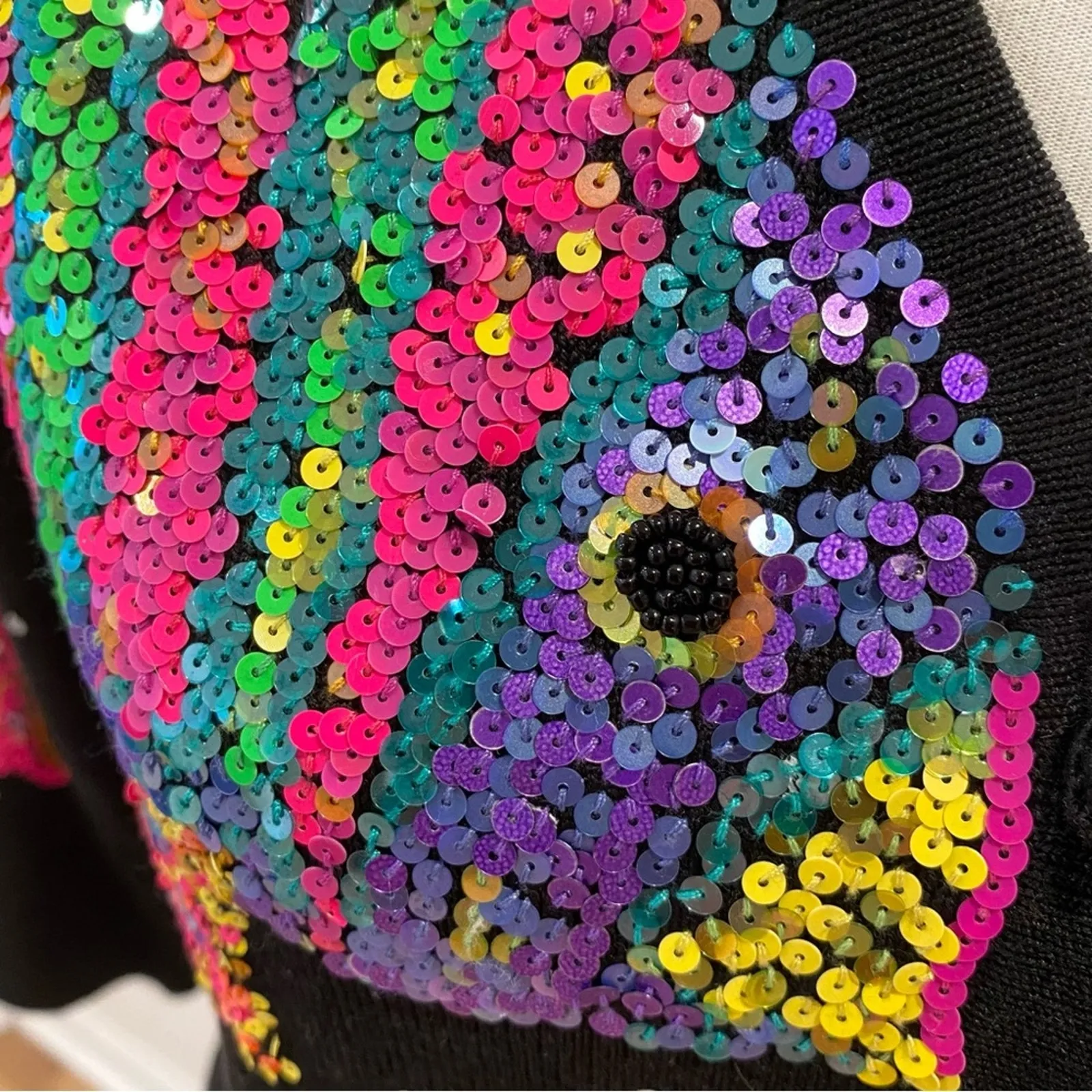 Michael Simon Vintage Sweater Small Cardigan Y2K Silk Fish Art Sequin Seascape Black - Image 9