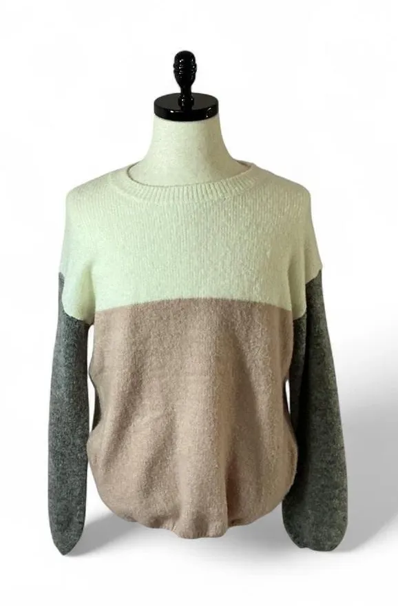 Dreamers Color Block Knit Sweater Cream Beige Grey Pullover M/L - Image 1