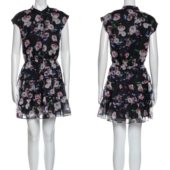 REBECCA MINKOFF Floral Print Short Sleeve Mini A-Line Dress Black/Pink XS NEW - Image 2