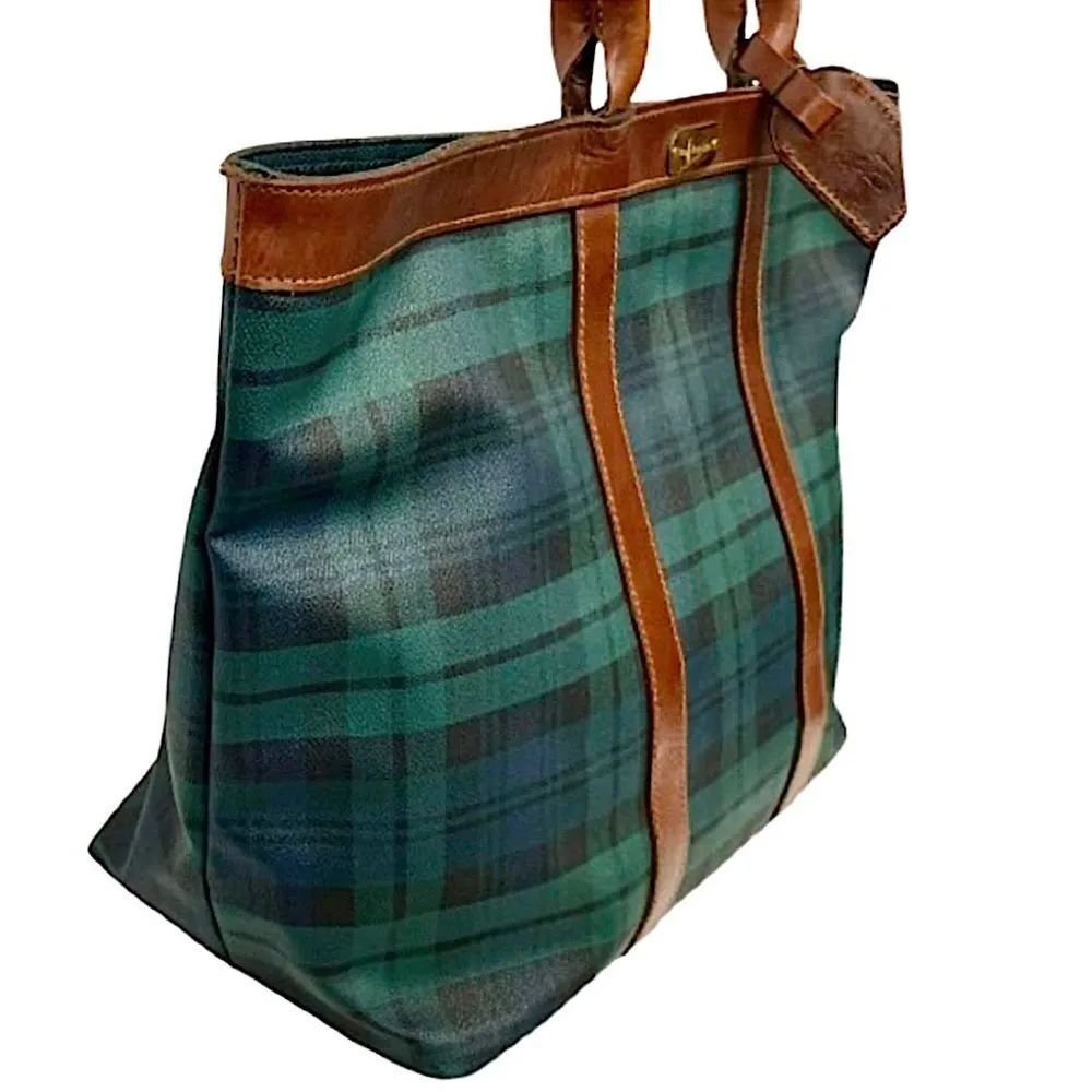 RALPH LAUREN Black Watch Plaid Coated Canvas Brown Leather Top Zip Shoulder Bag - Image 3