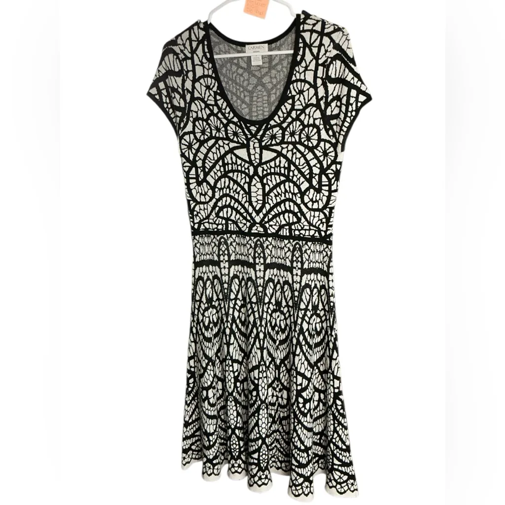 Elegant Black and White Midi Dress Size M - Image 3
