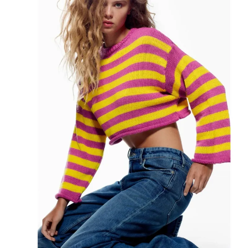 Zara Womens Bloggers Fav Fall Knit Striped Oversized Cropped‎ Sweater Size M - Image 2