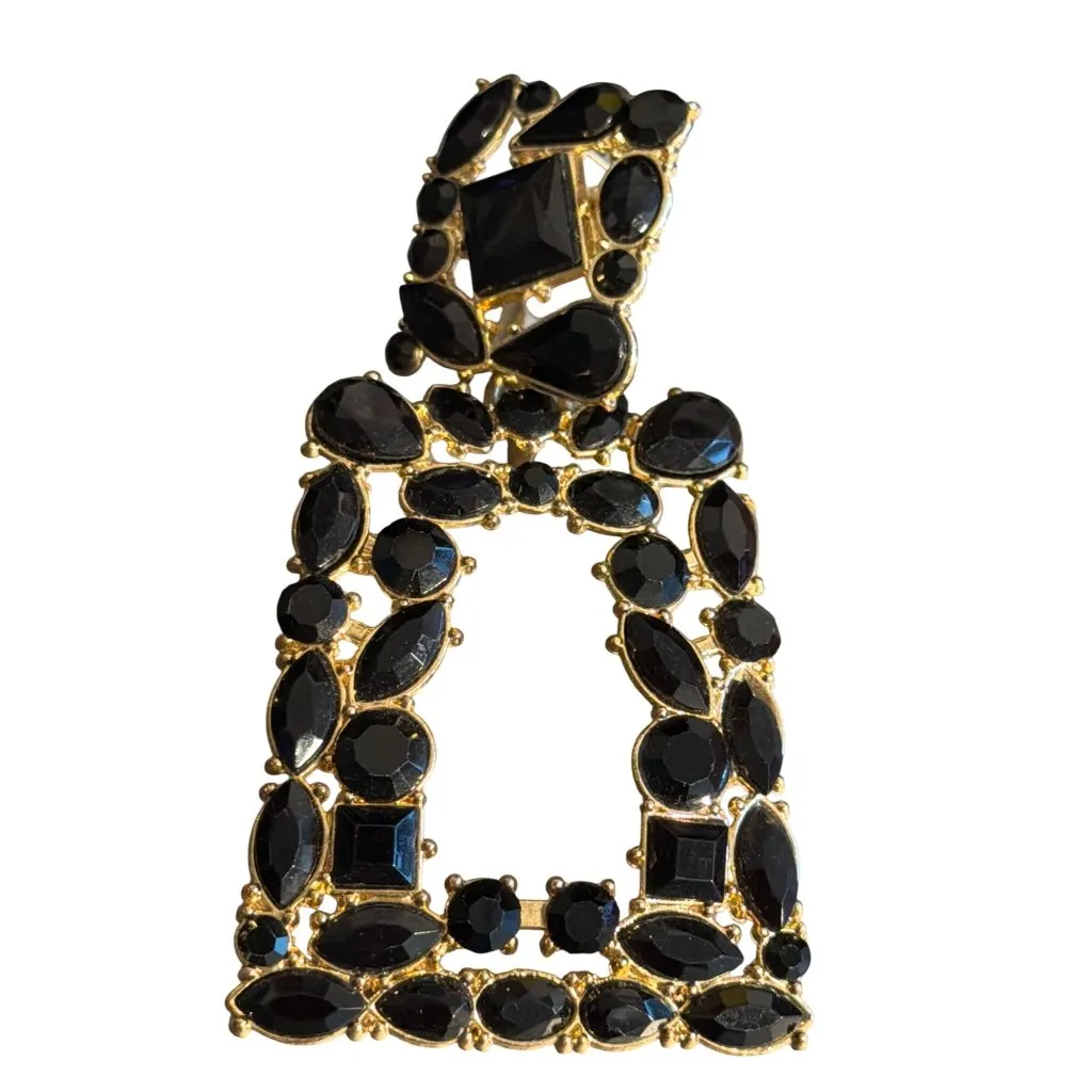 Gold Tone Black Rhinestone Door Knocker Earrings Chunky Pierced Statement 2.75" - Image 2