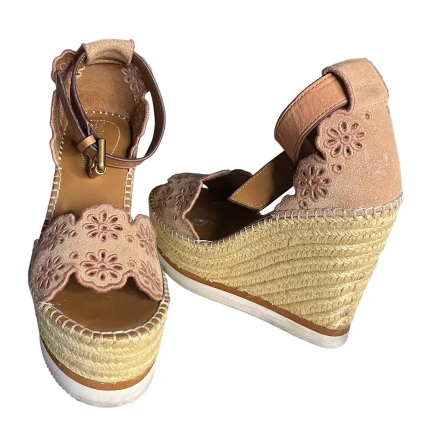 SEE BY CHLOE Sandals Laser Cut Suede Jute Espadrilles Leather Ankle Straps - Image 2