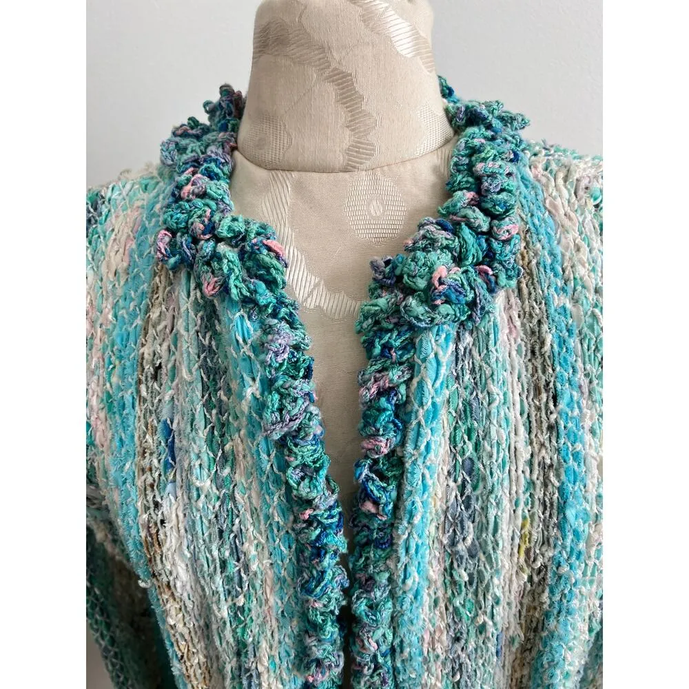 Estelle Vintage Open Front Crocheted Hand Woven Knit Cardigan Medium Blue - Image 3