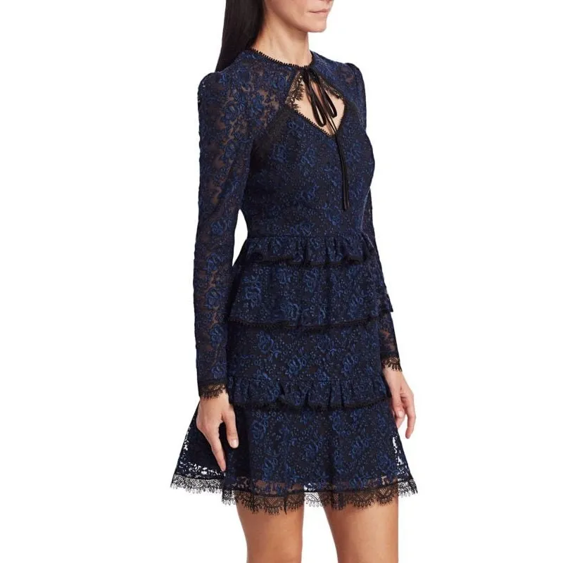 ML Monique Lhuillier Black & Blue Tie-Neck Lace Long Sleeve Ruffled Dress - Image 2