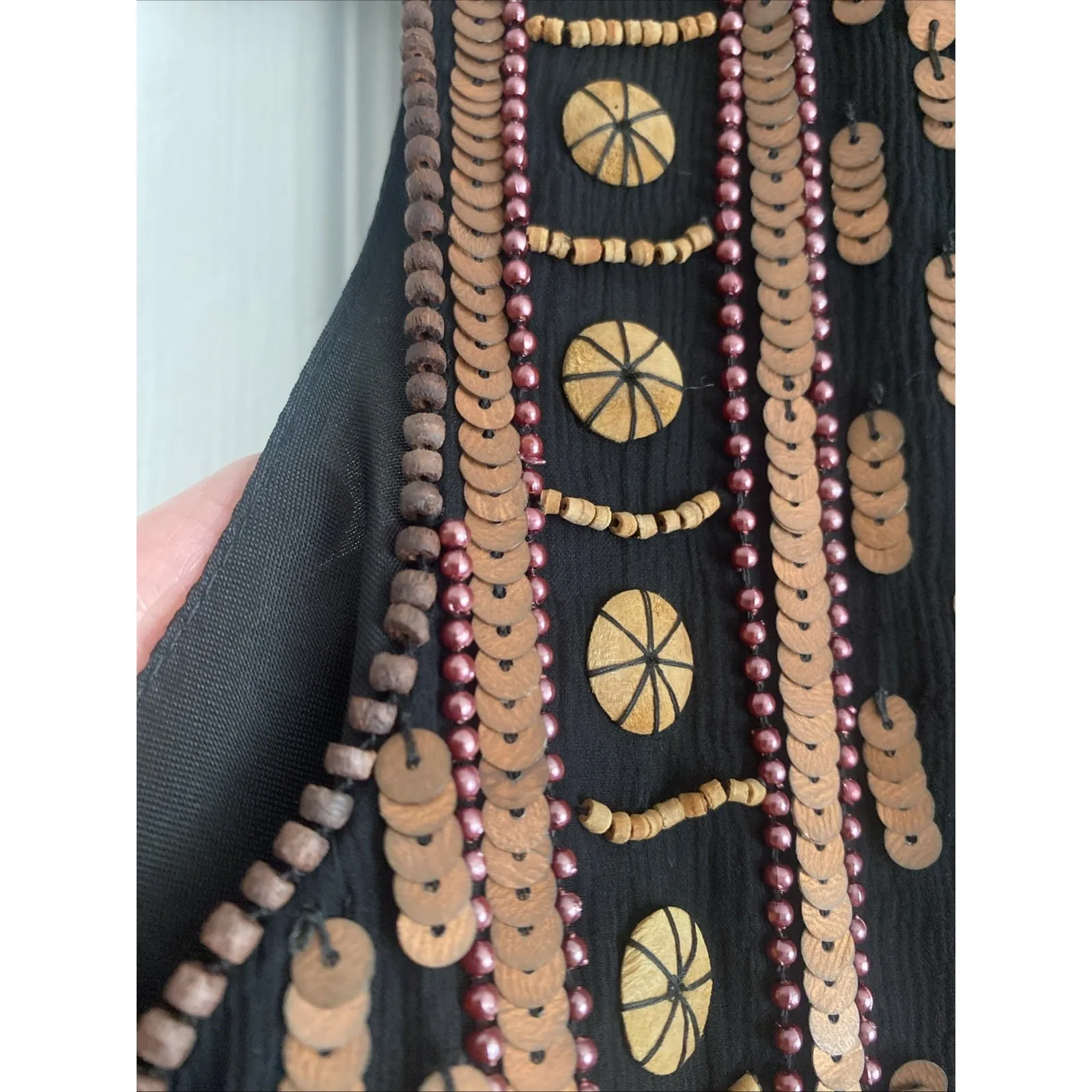 Vintage Other Destination Silk Beaded Vest Womens Small Wooden Beads Boho Artsy Black - Image 7