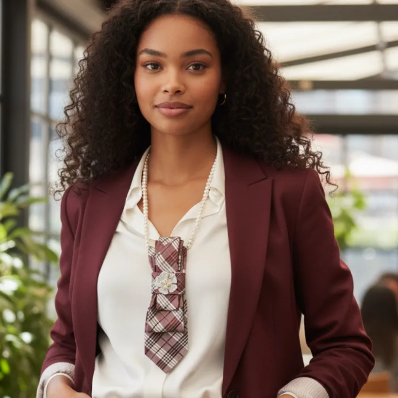“Dainty Dapper”burgundy plaid necktie necklace with floral brooch Red - Image 2