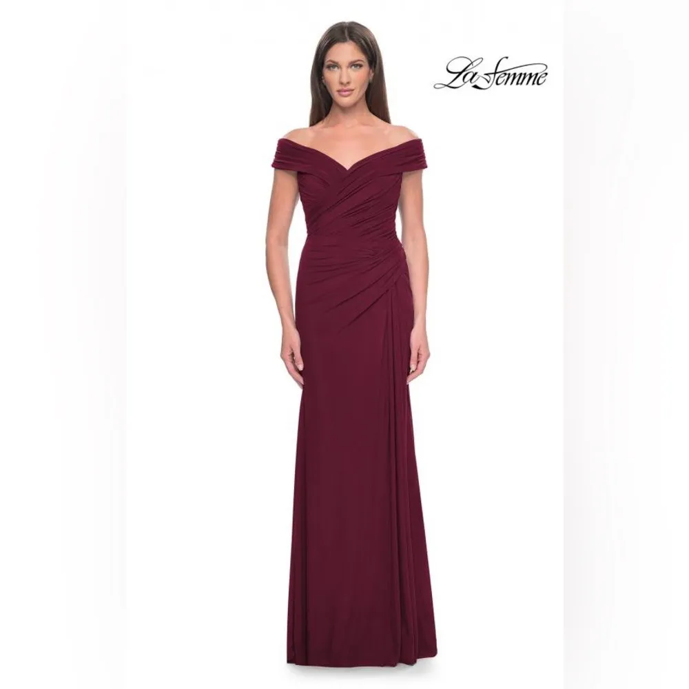 La Femme Off Shoulder Trumpet Gown, Wine color, Size 10, $328 - Image 3
