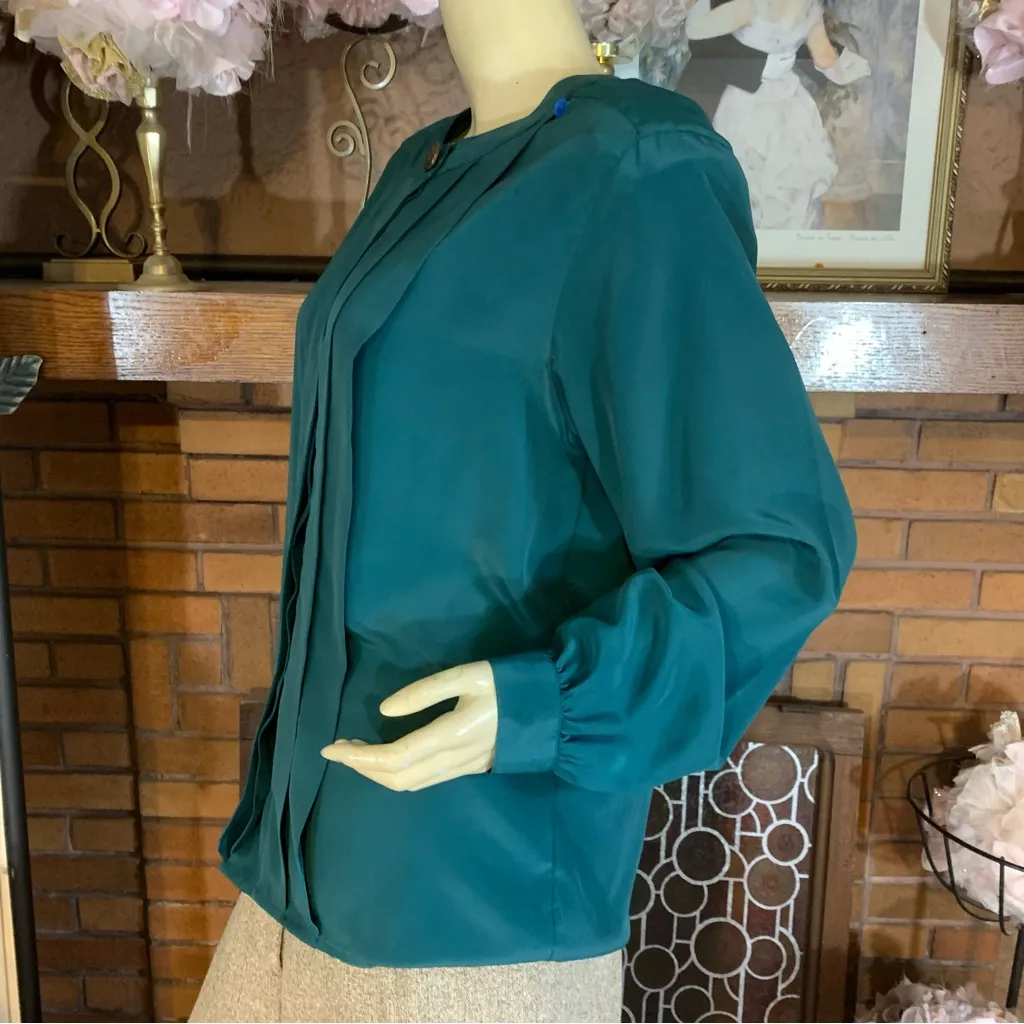 VINTAGE 1980'S LINDSEY BLAKE DARK TEAL PANEL PLEATED BUTTON DOWN BLOUSE (10) Green - Image 6