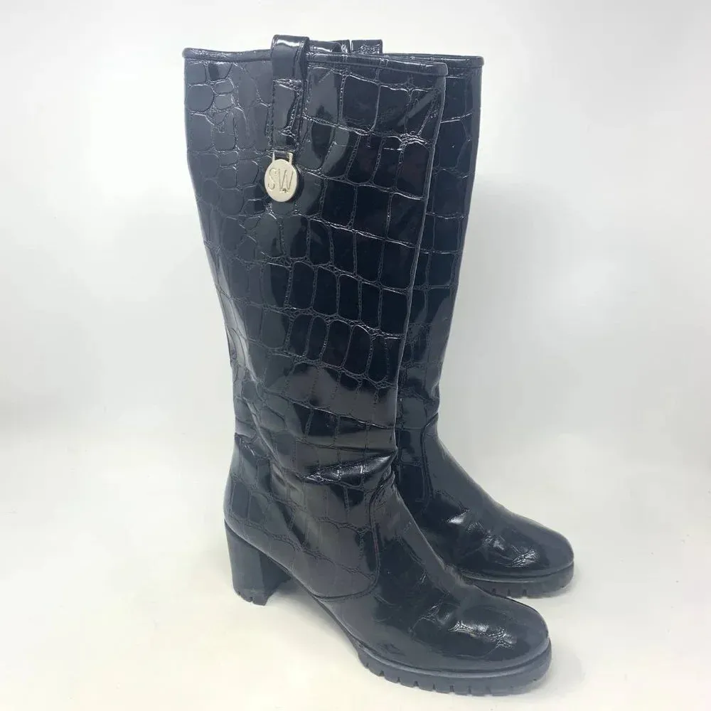 Stuart Weitzman Black Croc Leather Heeled Boots‎ Size US 6 - Image 5