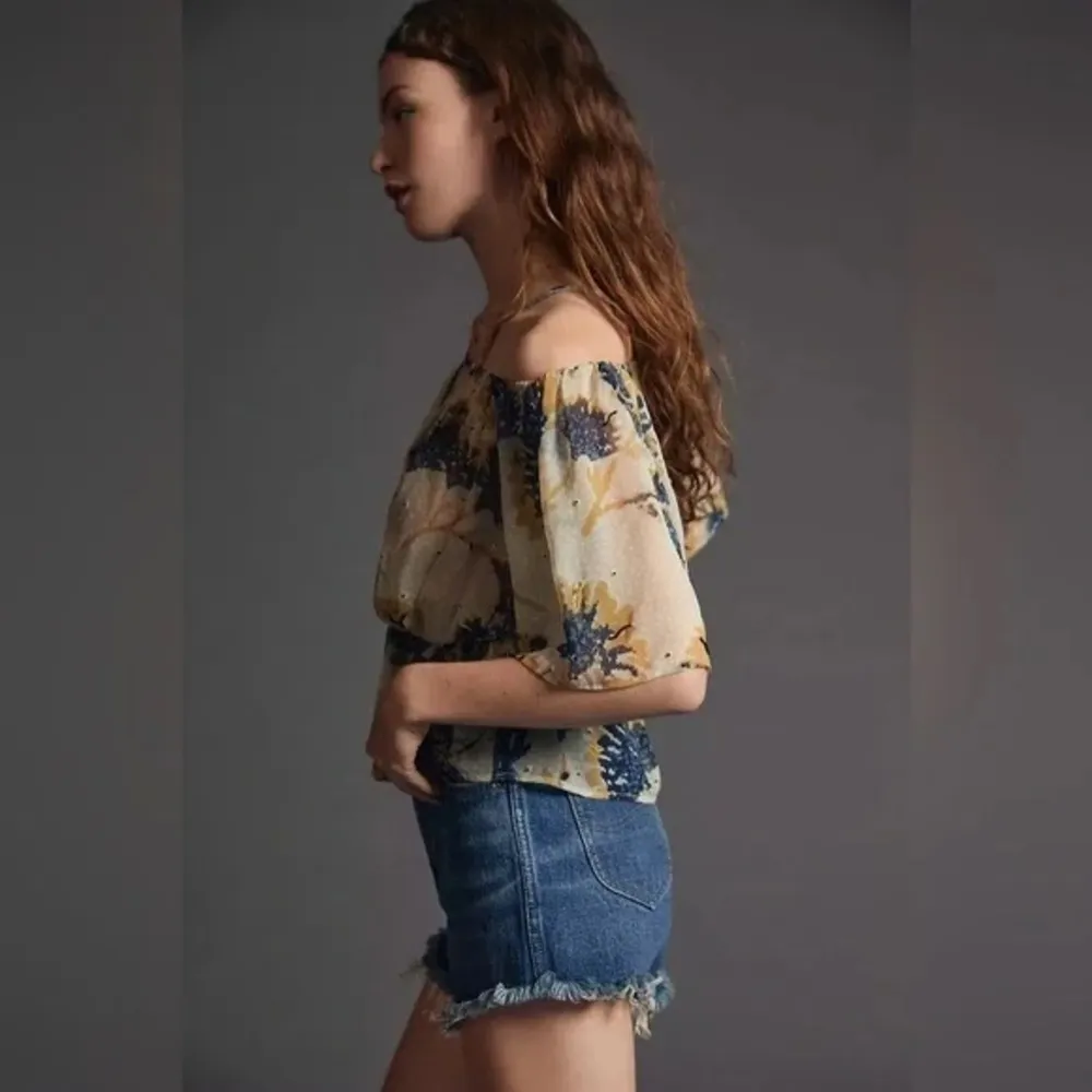 NWT Anthropologie Let Me Be Off The Shoulder Sheer Blouse Tan Yellow Beaded XS - Image 4