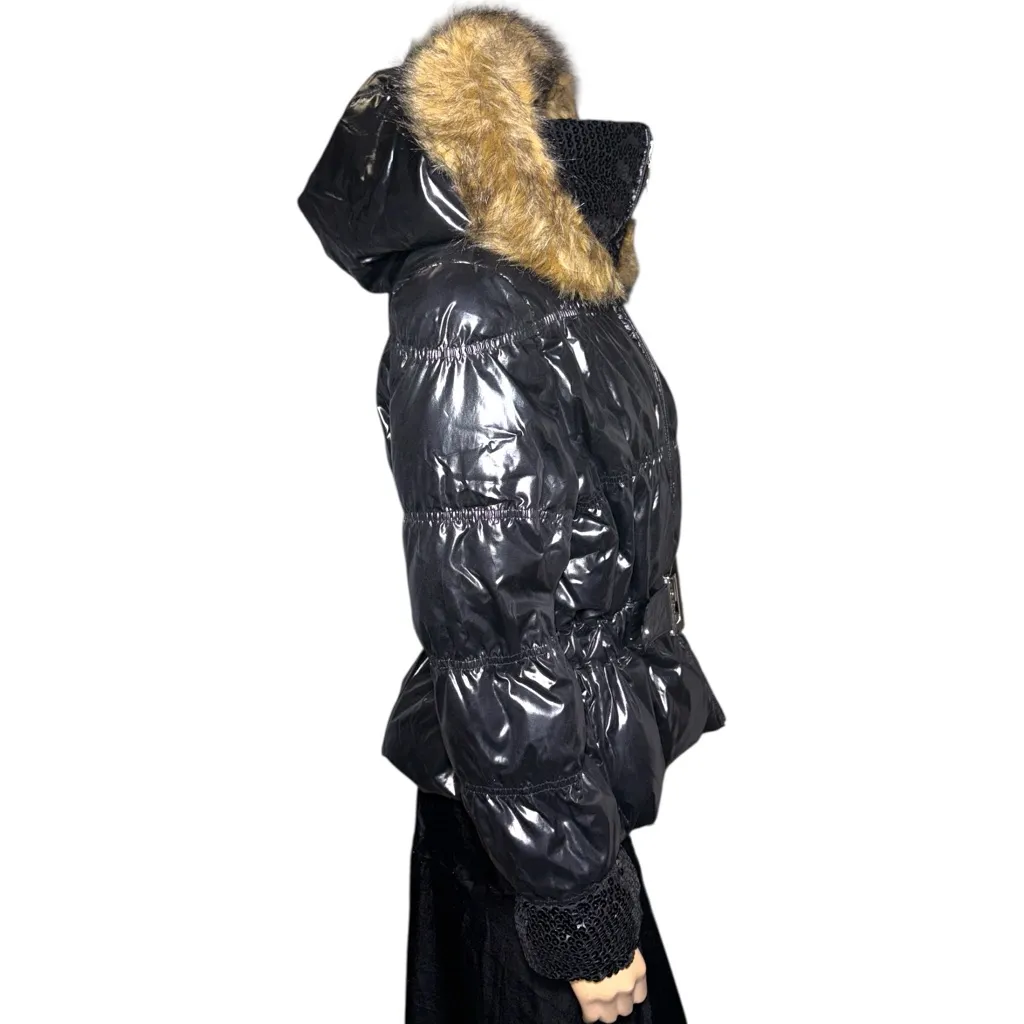 COOGI women’s Shiny Black Jacket with Faux Fur Trim size L - Image 10