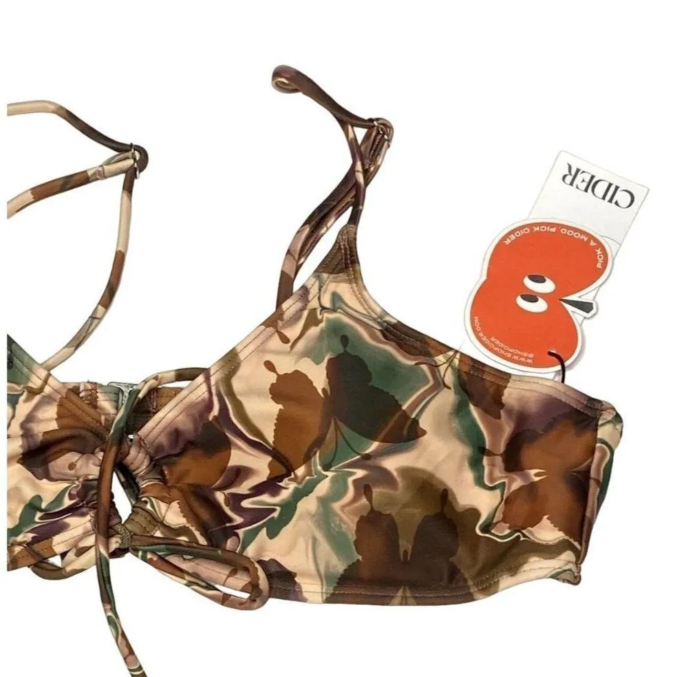 NWT Cider The Camo Two Piece String Tie Swimsuit Removable Cups XL Brown Green - Image 3