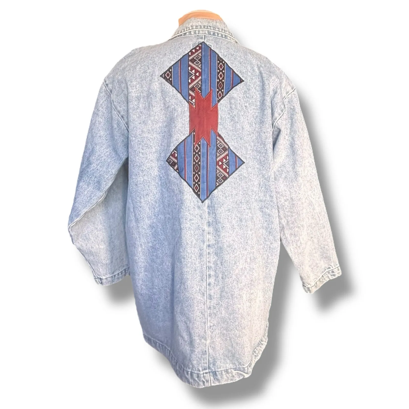 Vintage 90s Frontier Connection Denim Jacket Oversized Blazer Southwestern Art Blue Size M - Image 5