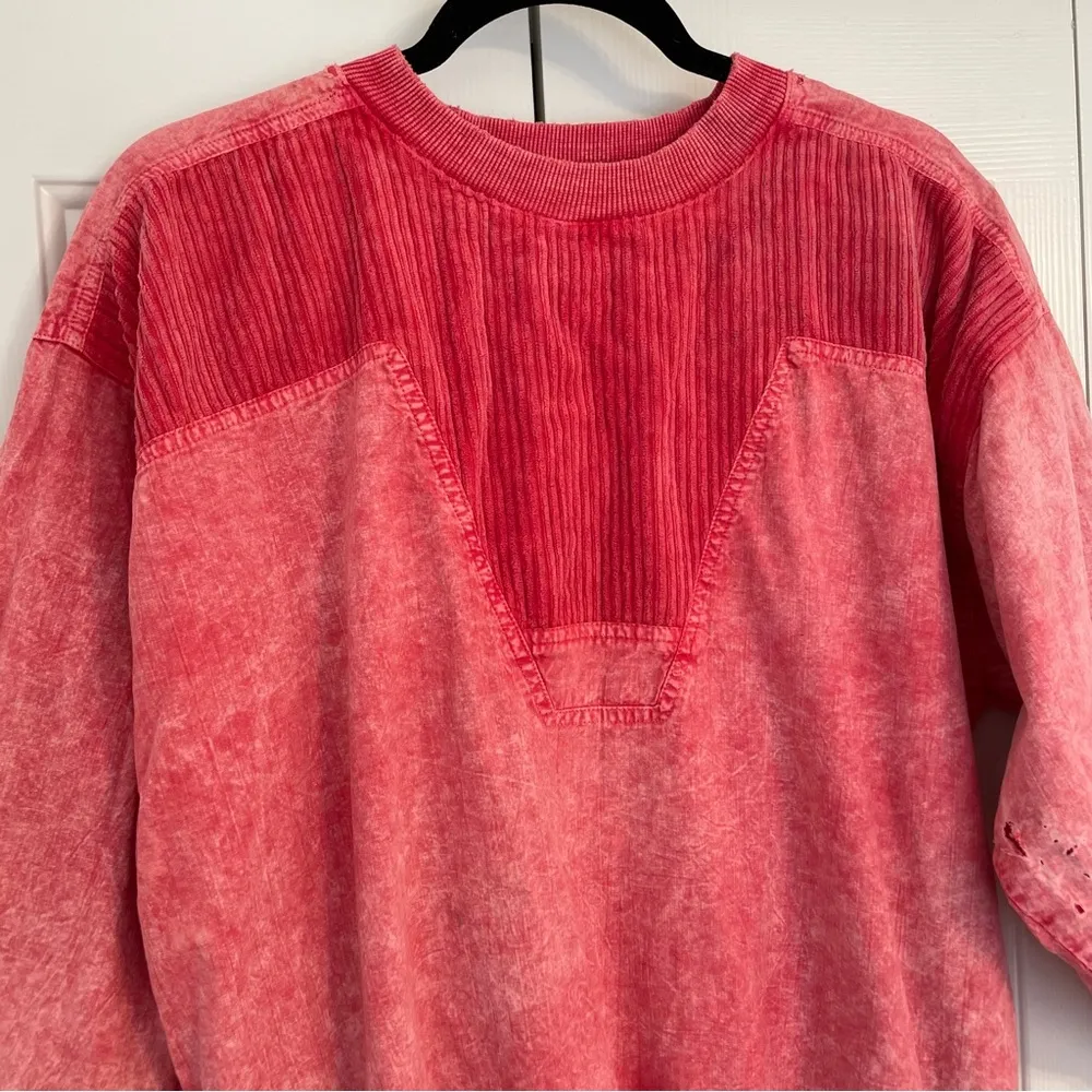 Vintage Y2K Distressed Acid Wash Corduroy Pullover Sz Medium Streetwear Pink - Image 4