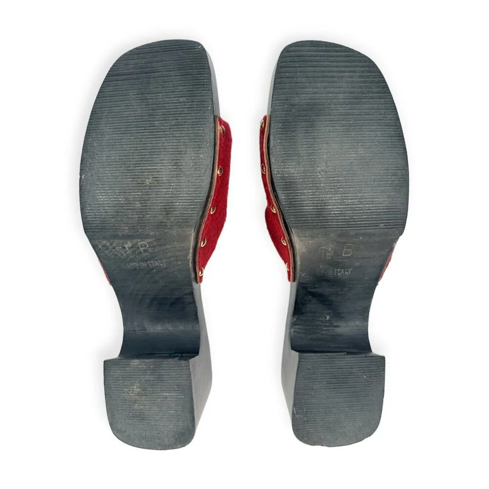 GUCCI | 5.5 | Red Ponyhair Gold Buckle Studded Wood Block Heel Slide Sandals - Image 9