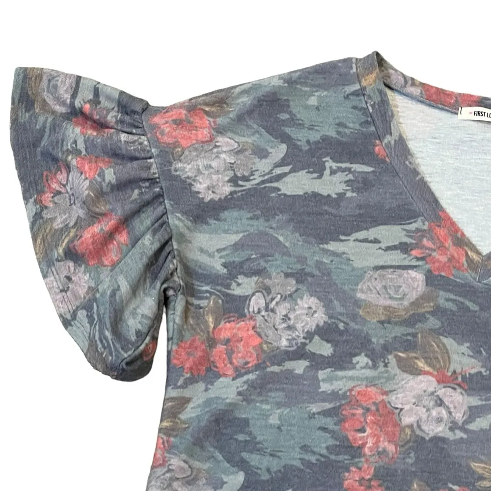 FIRST LOVE top shirt blouse size medium floral butterfly sleeves gray loose - Image 3