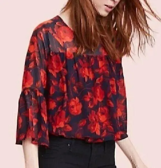 A NEW DAY Tiered Floral Blouse Navy Blue Red 3/4 Bell Sleeve Sheer / Lined Boho - Image 2