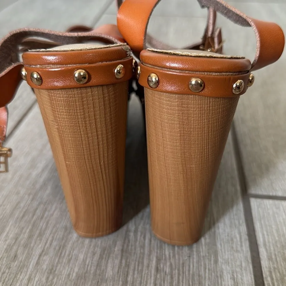 ShoeDazzle Graceann Studded Platform Sandals 7 Tan Brown Block Heel‎ - Image 7