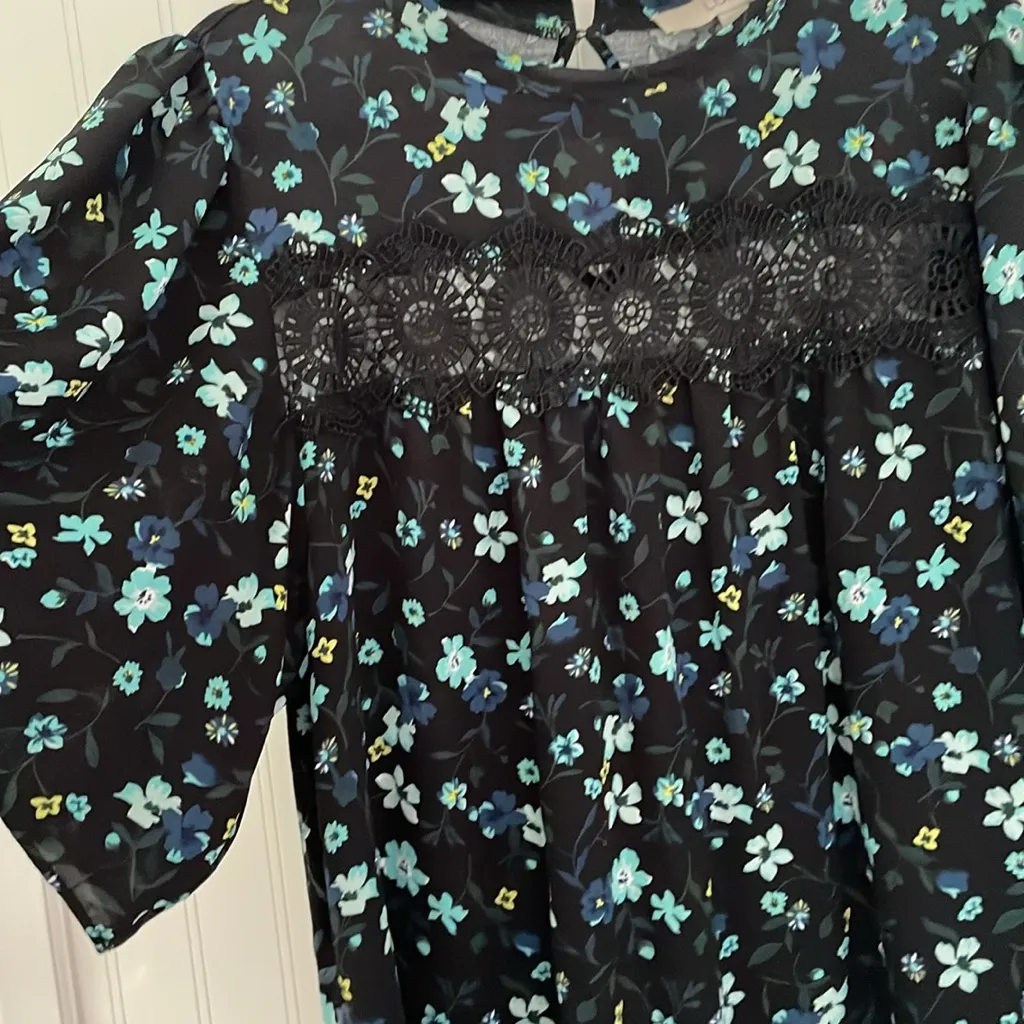 Loft Mixed Media‎ Dark Floral Lace Wide Flutter Sleeves Oversized Boho Navy S - Image 2