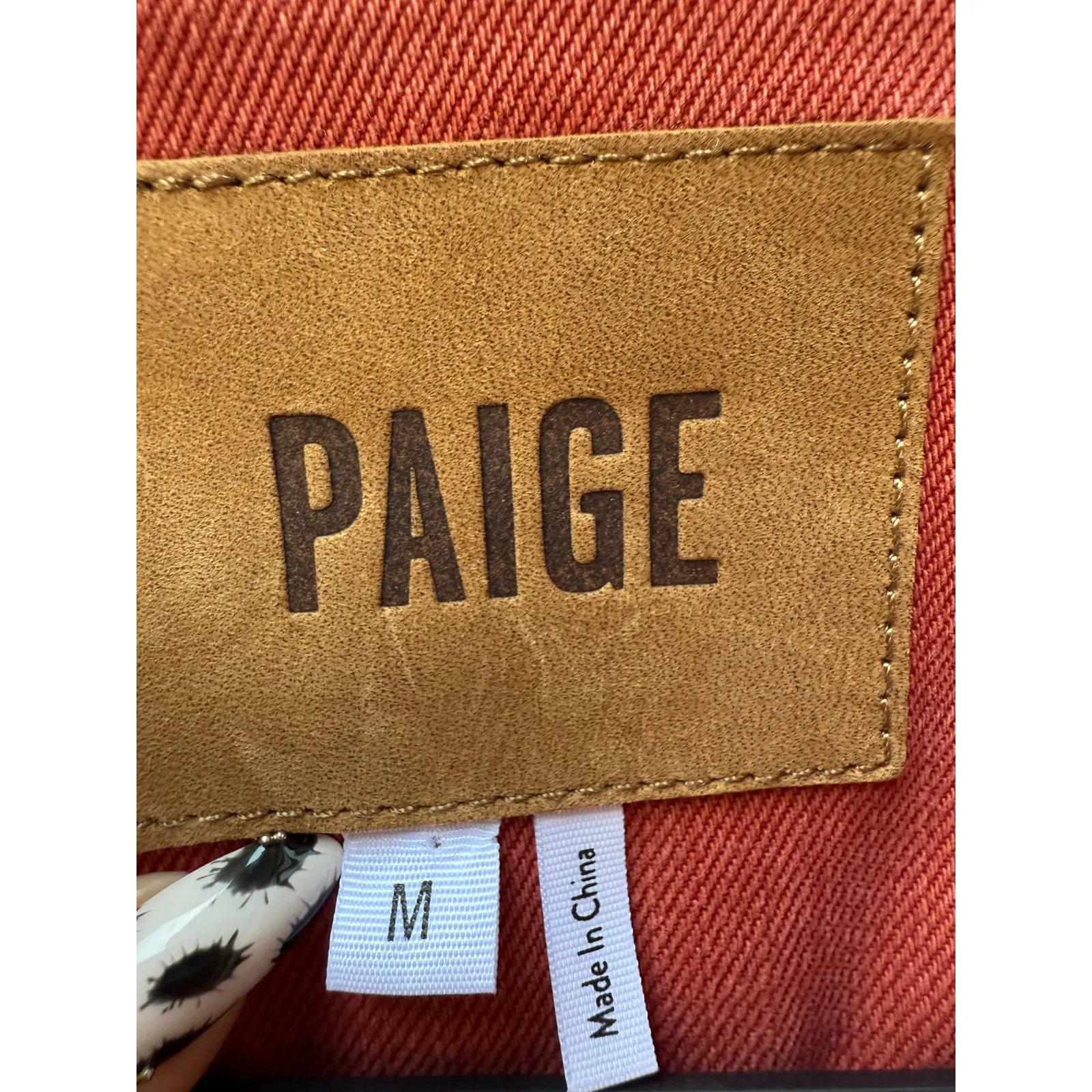 PAIGE Cropped Denim Jacket Red Raw Hem Women’s Medium - Image 3