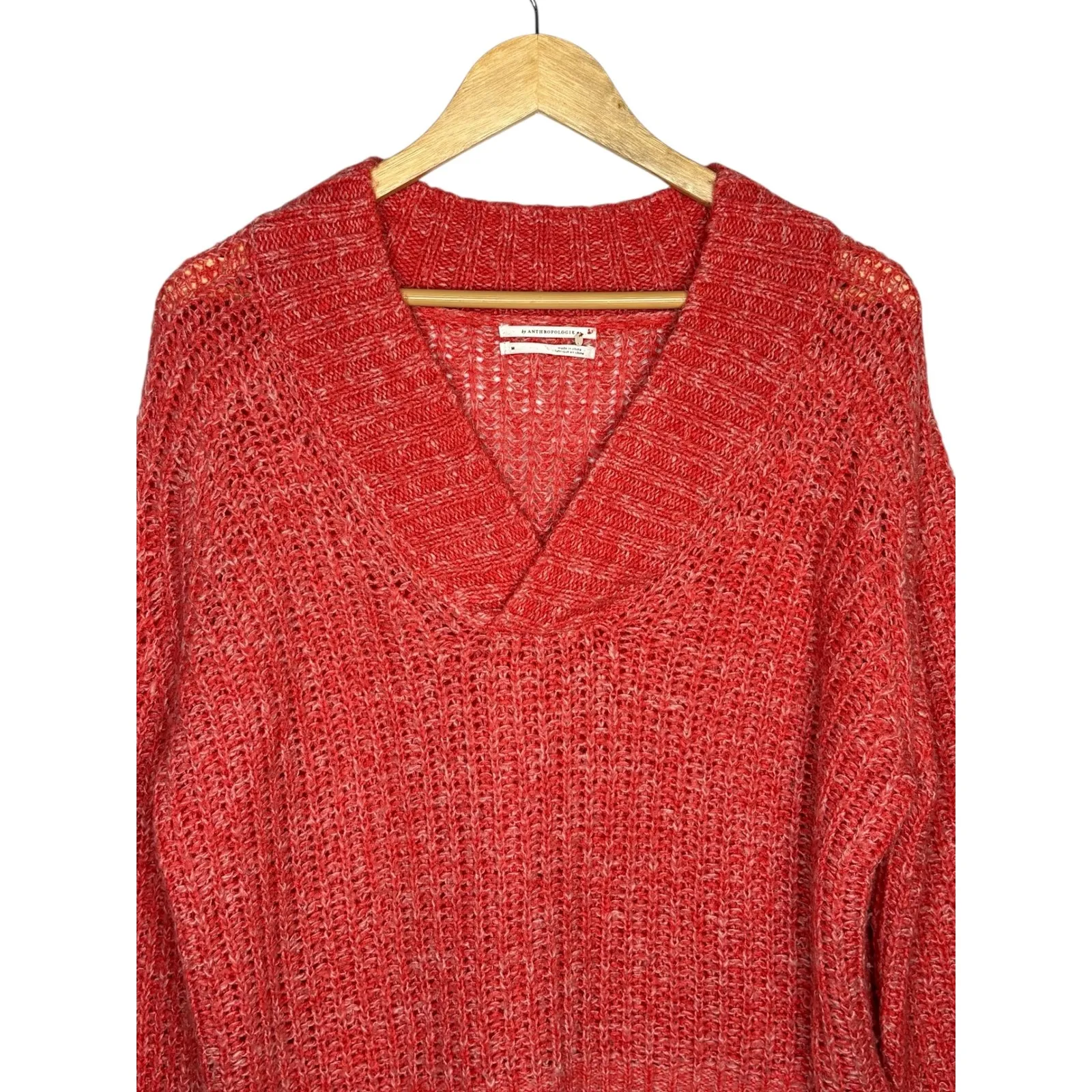 Anthropologie Honore Wool Blend Coral V Neck Chunky Knit Cropped Sweater Size M - Image 5