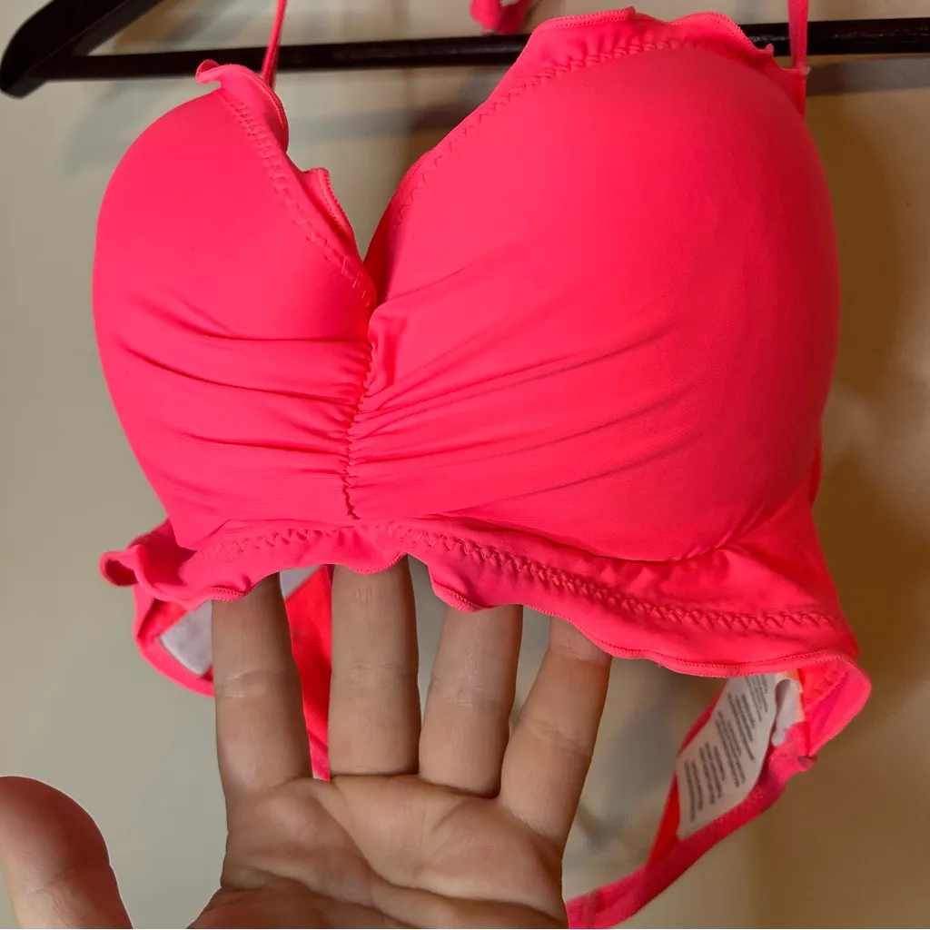 Hobie Neon Hot Pink Bikini Top Solids Push Up Ruffled Underwire Halter Medium - Image 6