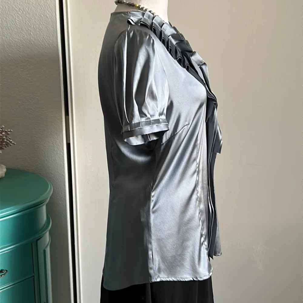 New Women’s BCBGMAXAZRIA Silky Tailored Satin Ruffled Collard Dressy Blouse - Image 6